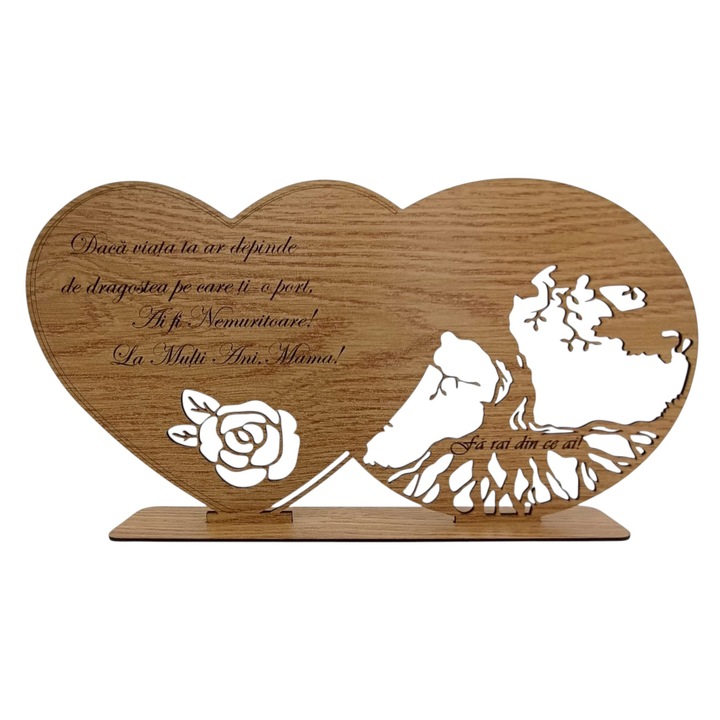 Decoratiune blank inima copacul vietii, personalizata "La multi ani, Mama!", baza cu suport din lemn, maro, 30X16cm