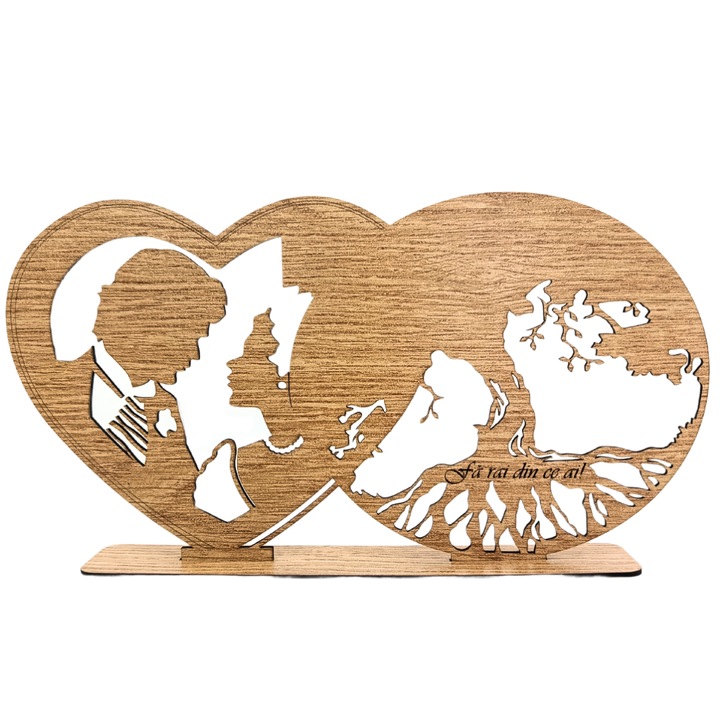 Decoratiune blank inima copacul vietii, personalizata "Mire si mireasa", baza cu suport din lemn, maro, 30X16cm