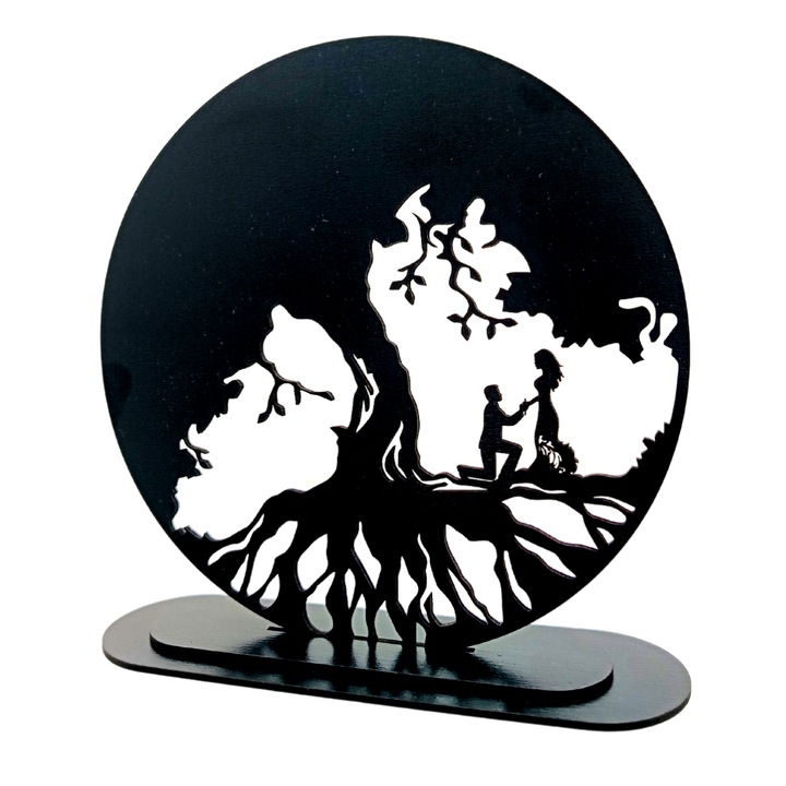 Decoratiune blank copacul vietii, personalizata "Cerere in casatorie", baza cu suport din lemn, negru, 20cm