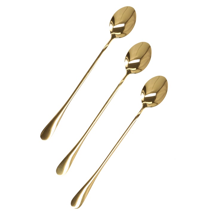 Комплект 3 лъжички за лате Stilo, Homla, Неръждаема стомана, 19 см, Златисти