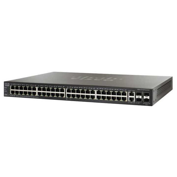 Switch administrabil Cisco SF500-48P-K9-G5, 48x 100Mb/s PoE, 2x Combo (RJ45/SFP) + 2x SFP+, desktop sau montaj in rack, performant, sigur si usor de configurat pentru birouri si retele mici/medii