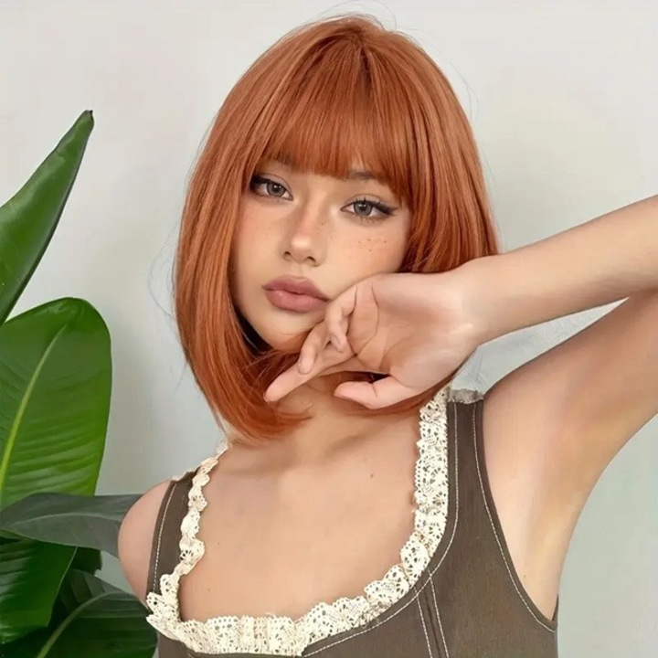 Peruca Aramiu / Cupru, model bob, Animis Beauty ®, fibra sintetica cu aspect natural, par mediu drept, cu breton, 30 cm