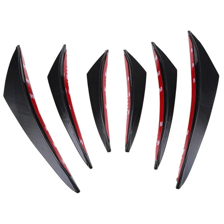 Set 6 Ornamente Bara Fata Auto, AutoREY®, Splitter Protectie Universal PVC Rezistent Impact, Design Aerodinamic Tuning Exterior, Montaj Adeziv Rapid Fara Gaurire, Accesoriu Spoiler Bara Fata, Set 6 Ornamente Bara Fata Auto, Negru