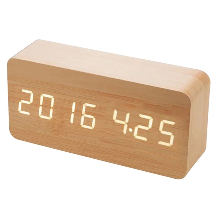 Ceas desteptator cu carcasa lemn, cu termometru, cu ecran led, cu alarma, din lemn, 15x7x4,5cm
