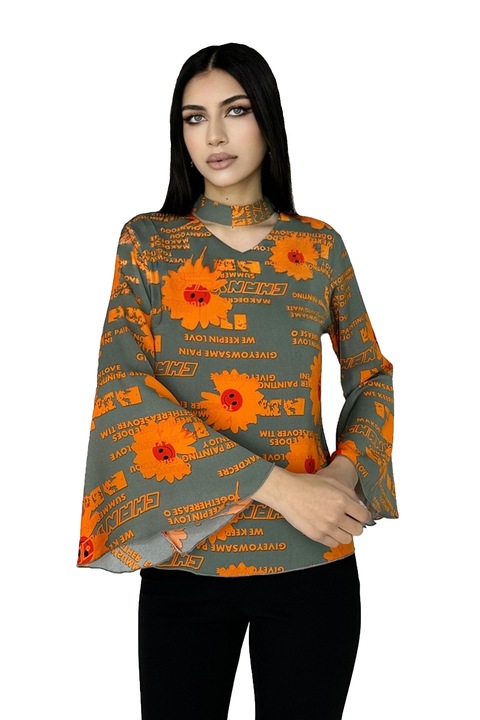 Bluza eleganta Summer Smile, cu maneca evazata, guler tip choker si croiala lejera, Portocaliu