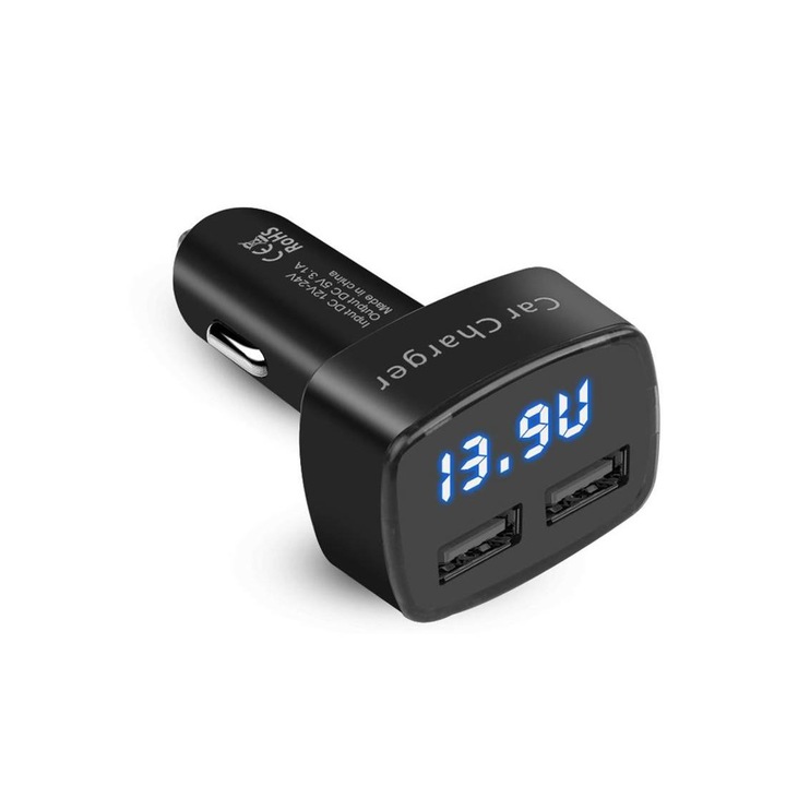 Voltmérő 4 az 1-ben, Töltő, Hőmérő, 2xUSB, 12VDC, 24VDC, Fekete