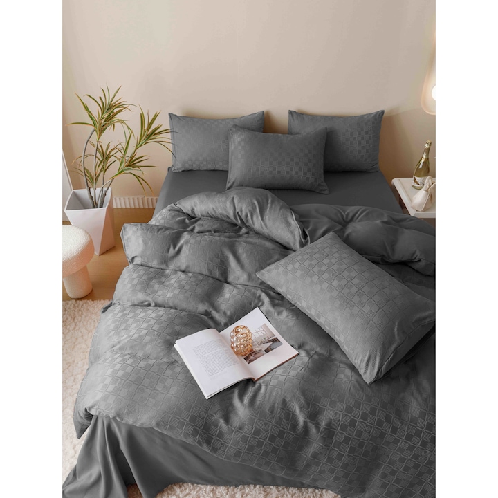 Set Lenjerie de pat, Jojo Home, JQF4, bumbac jacquard finet premium, uni, 2 persoane, 6 piese, gri antracit