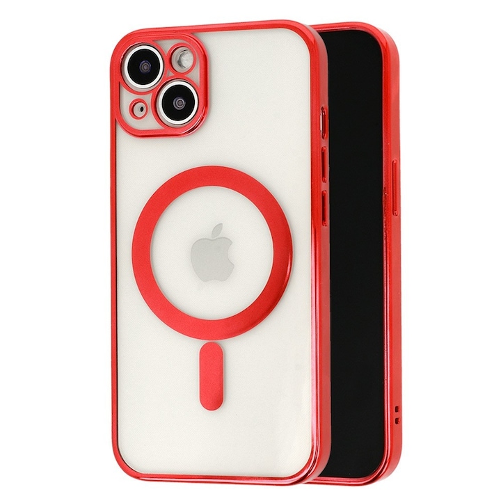 Калъф MagSafe за Apple iPhone 13, защита на камерата, изцяло TPU, цветни галванични ръбове, магнит, безжично зареждане, Flippy, червен