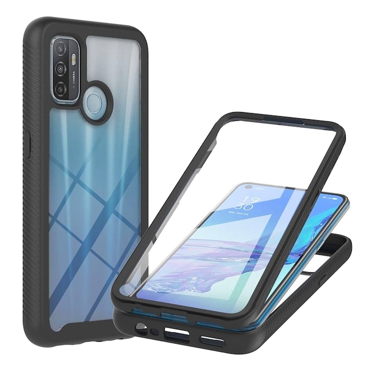 Husa de Protectie 360°, Flippy, pentru Oppo A53, din TPU + PC, cu Folie de Protectie Inclusa, Neagra