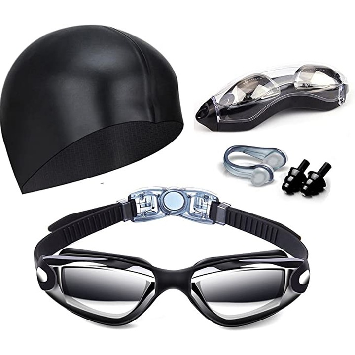 Пълен комплект за плуване, Очила против мъгла и UV защита, Unisex, Силиконова шапка, Тапи за уши и щипки за нос, PC лещи, Черен