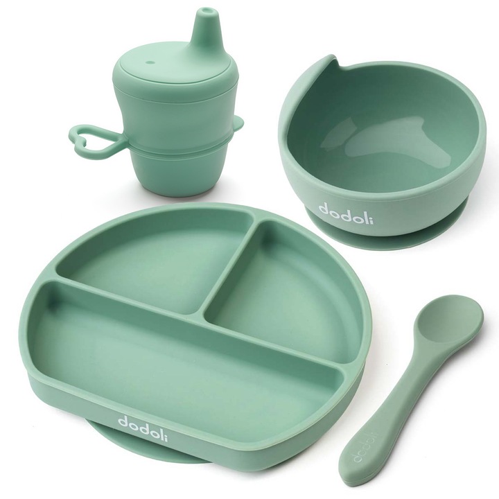 Set diversificare Dodoli din silicon pentru bebelusi cu bol, farfurie, lingurita, pahar, Cyan