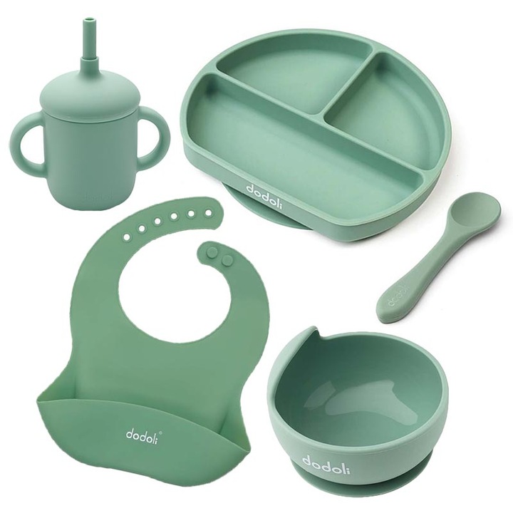 Dodoli Baba etető készlet tállal, tányérral, kanállal, csészével és szilikon előke, Cyan Green