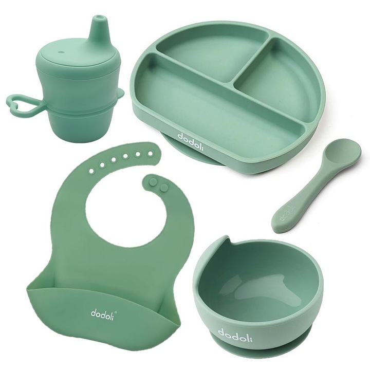Бебешки комплект за разнообразяване с купа, чиния, лъжица, чаша и силиконов лигавник, Dodoli, Cyan Green