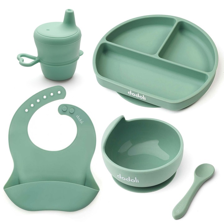 Set diversificare Dodoli din silicon pentru bebelusi cu bol, farfurie, lingurita, pahar, baveta, Cyan