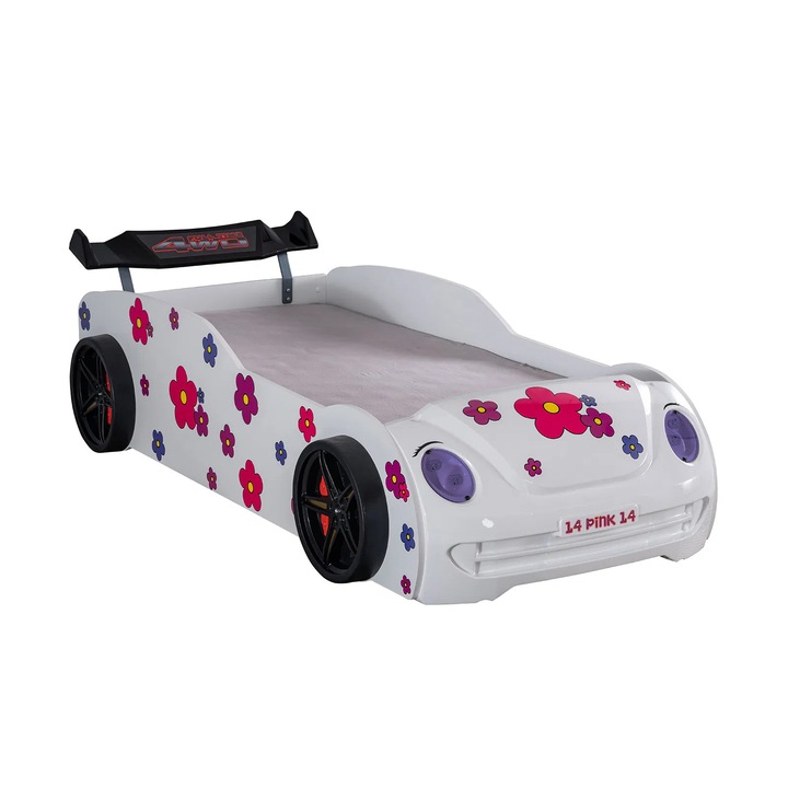 Pat pentru copii masina Expomob VOSVOS ECO, cu faruri, lumini led, dimensiune 90x190 cm, culoare alb