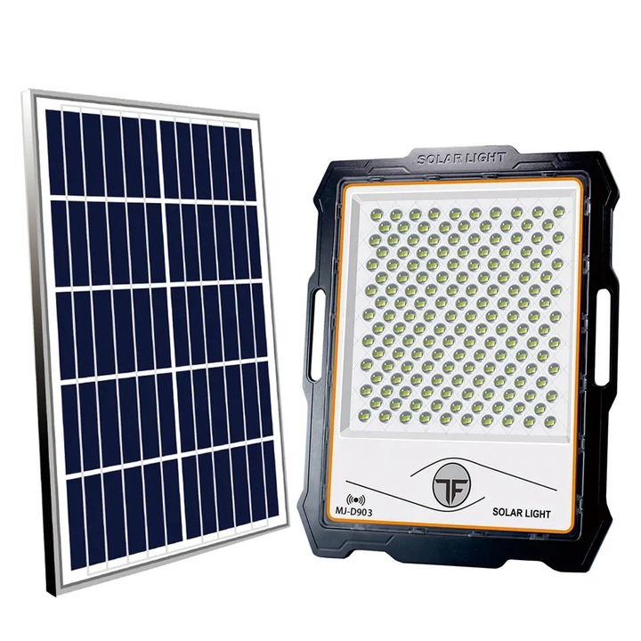Proiector LED 600W cu Panou Solar 35W OneTech, 324 LED SMD, Telecomanda cu Functii Multiple, Baterii Incluse, Rezistent la apa IP67, Kit de Prindere, Suport pentru Panou, Negru