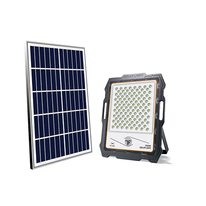 Proiector LED 300W cu Panou Solar 28W OneTech, 236 LED SMD, Telecomanda cu Functii Multiple, Baterii Incluse, Rezistent la apa IP67, Kit de Prindere, Suport pentru Panou, Negru
