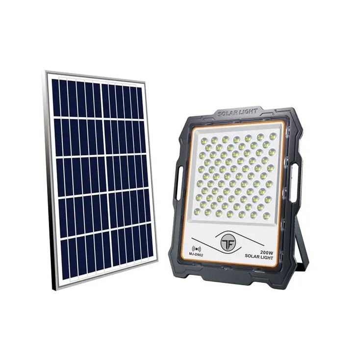 Proiector LED 200W cu Panou Solar 25W OneTech, 144 LED SMD, Telecomanda cu Functii Multiple, Baterii Incluse, Rezistent la apa IP67, Kit de Prindere, Suport pentru Panou, Negru