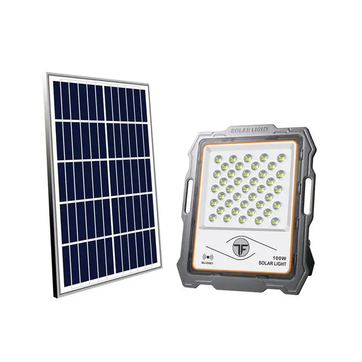 Proiector LED 100W cu Panou Solar 12W OneTech, 82 LED SMD, Telecomanda cu Functii Multiple, Baterii Incluse, Rezistent la apa IP67, Kit de Prindere, Suport pentru Panou, Negru