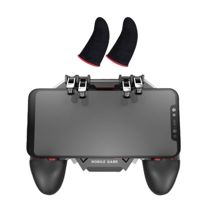 Контролер, без батерия с 2 игрални ръкавици модел Black Red V2 PUBG Fortnite AK77, Механични тригери Call of duty, охладител за охлаждане на телефона