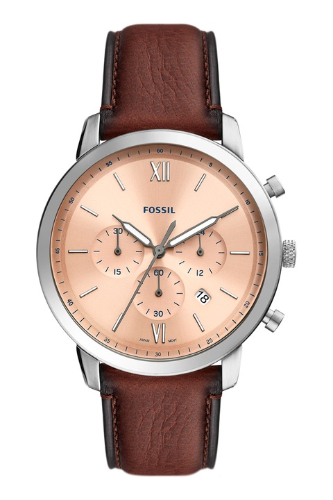 Fossil, Часовник от неръждаема стомана с кожена каишка, Кафяв