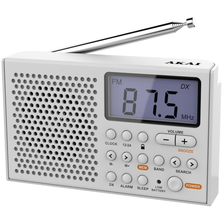 Radio portabil Akai, AM/FM/SW, Jack 3.5mm, Display LCD, Alb