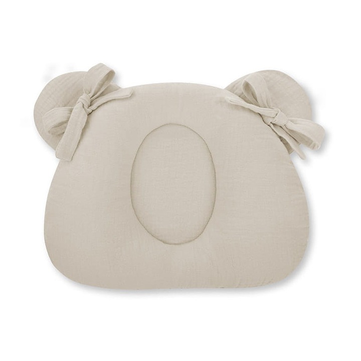 Perna de Muselina cu Adancitura pentru Prevenirea Capului Plat, Design Ergonomic, Material Moale de Bumbac, Certificat Oeko-Tex, Forma de Ursulet, Compatibila cu Carucioare si Balansoare, Bej