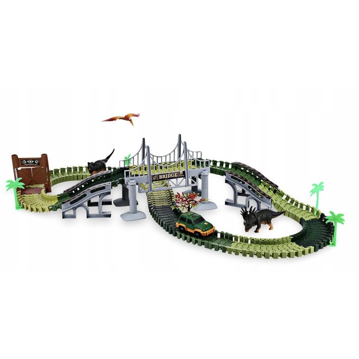 Pista auto cu pod, Model dinozauri, Plastic, 2+ ani, Verde