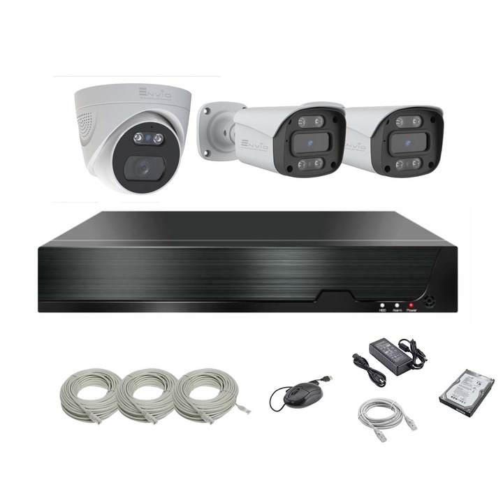 ENVIO IP POE komplett videó megfigyelő készlet 3 kamerával Full Color 4K 8MP PESS-KIT3CH2BFM60H8001DFM70H800S-WMHDD