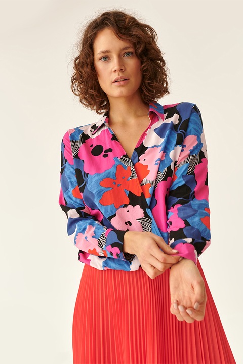 Tatuum, Bluza cu croiala petrecuta si imprimeu floral, Rosu/Roz/Albastru, XS