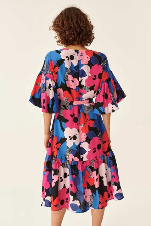 Tatuum, Rochie midi cu imprimeu floral, Negru/Roz/Albastru