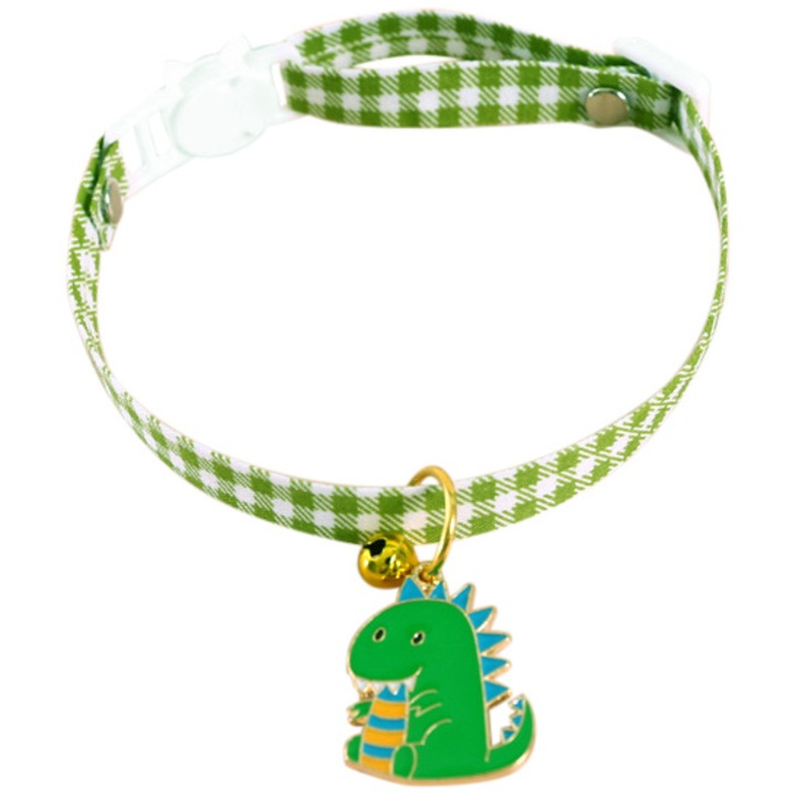 Нашийник за домашни любимци с динозаври, регулируем, звънец, размер M, обиколка на врата 20-30 см, зелен