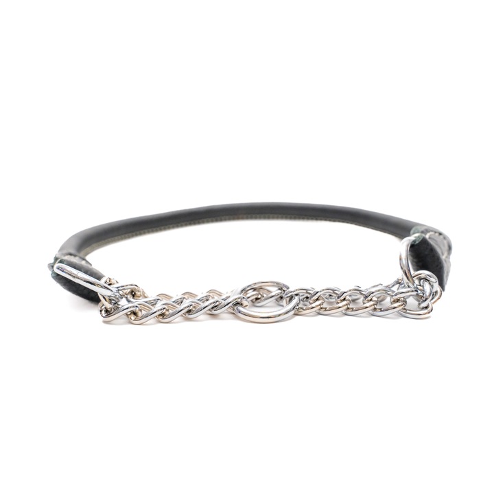 Let's Glow félig feszes kutyanyakörv, natúr fekete bőr fémlánccal, 60 cm, Edzéstáv