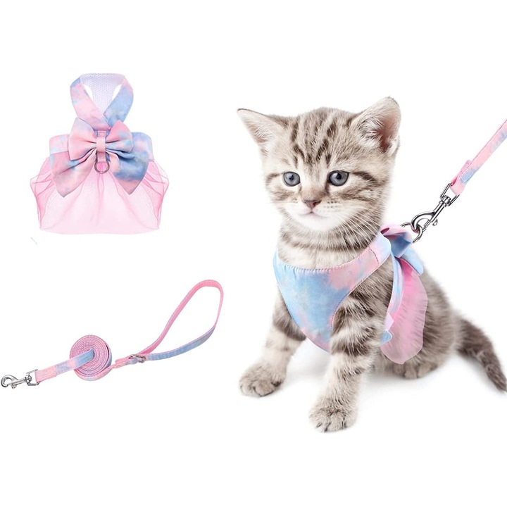 Set Ham si Lesa Fairy, cu fundita si tul, pentru caini si pisici, M, Roz/Bleu