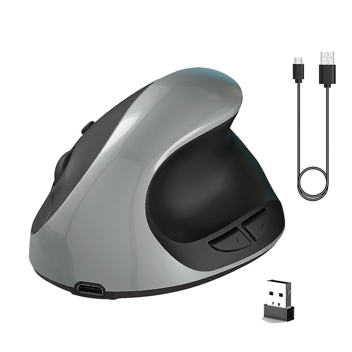 Вертикална мишка, BOMSTOM, безжична, 2400 DPI, 6 бутона, 2.4GHz, Bluetooth 4.0, сиво/черно