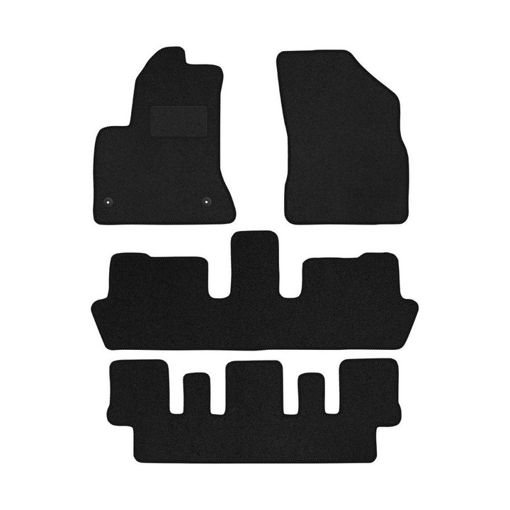 Set 4, Covorase, MOTOS, pentru Citroen C4 Grand Picasso I 2006-2012 Versiunea cu 7 locuri, Negru Velur cu Garnitura din Textil Negru