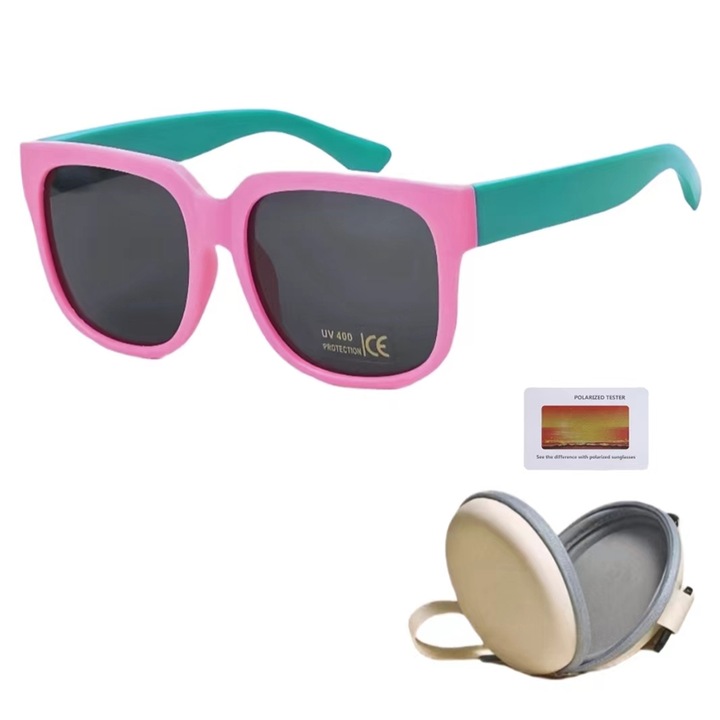 Ochelari de soare copii, Polarizati, UV400, Lentila HD, Cu Carcasa Antisoc si Test Polarizati, Verde/Roz