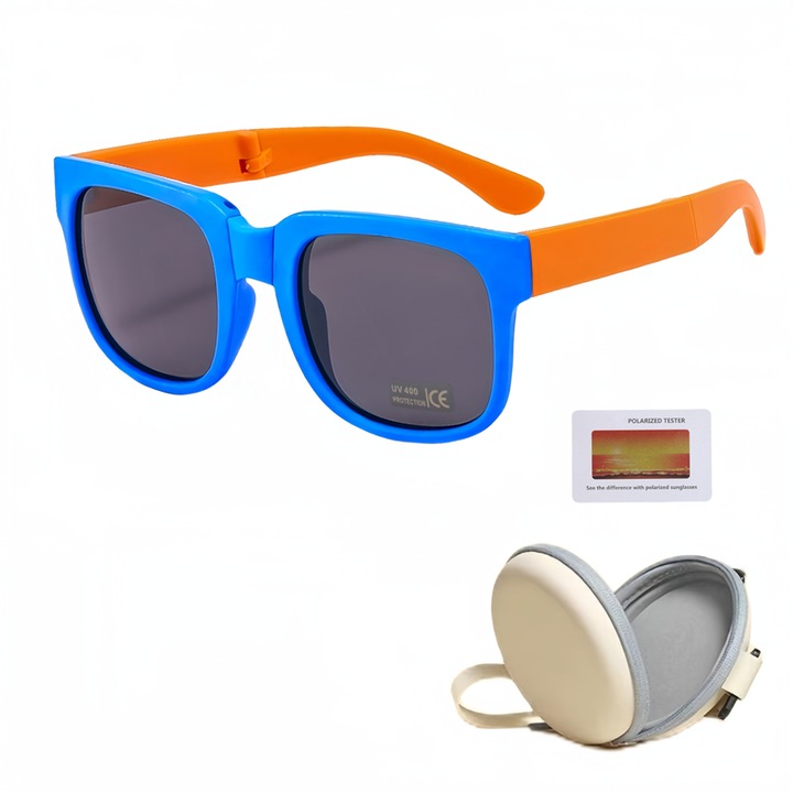 Ochelari de soare copii, Polarizati, UV400, Lentila HD, Cu Carcasa Antisoc si Test Polarizati, Albastru/Portocaliu