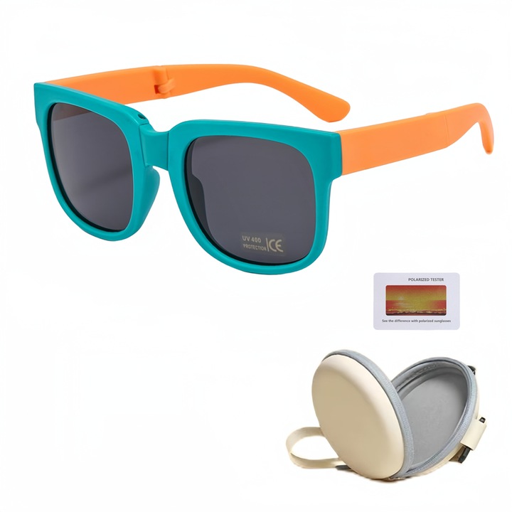 Ochelari de soare copii, Polarizati, UV400, Lentila HD, Cu Carcasa Antisoc si Test Polarizati, Verde/Portocaliu