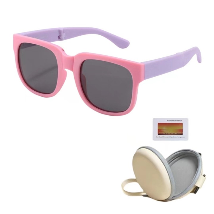 Ochelari de soare copii, Polarizati, UV400, Lentila HD, Cu Carcasa Antisoc si Test Polarizati, Mov/Roz