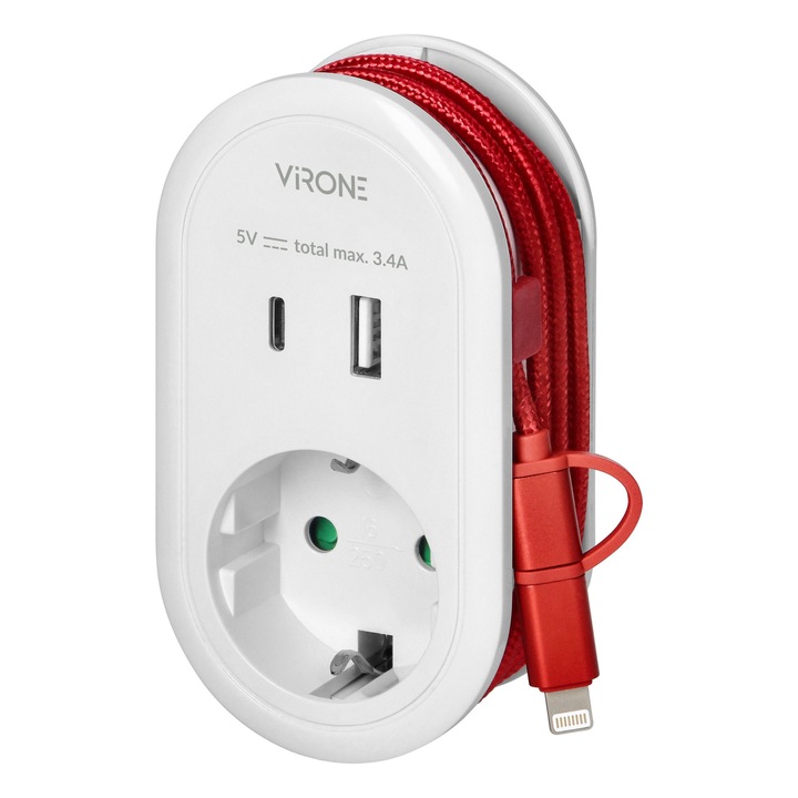 Адаптер за контакт с 2 x USB тип A + тип C, кабел за зареждане тип C + lightning и шуко контакт