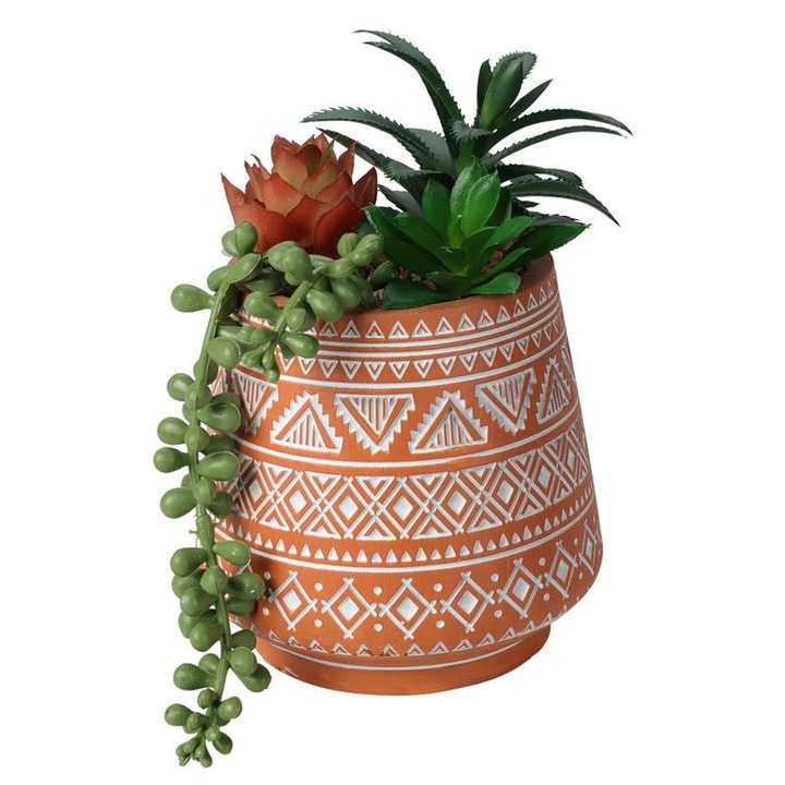 Planta artificiala mix asortat de Suculente in nuante de verde si rosu, Azay Design, in ghiveci ceramic culoare teracota cu modele entice, pentru casa si birou, dimensiuni mici 15 cm