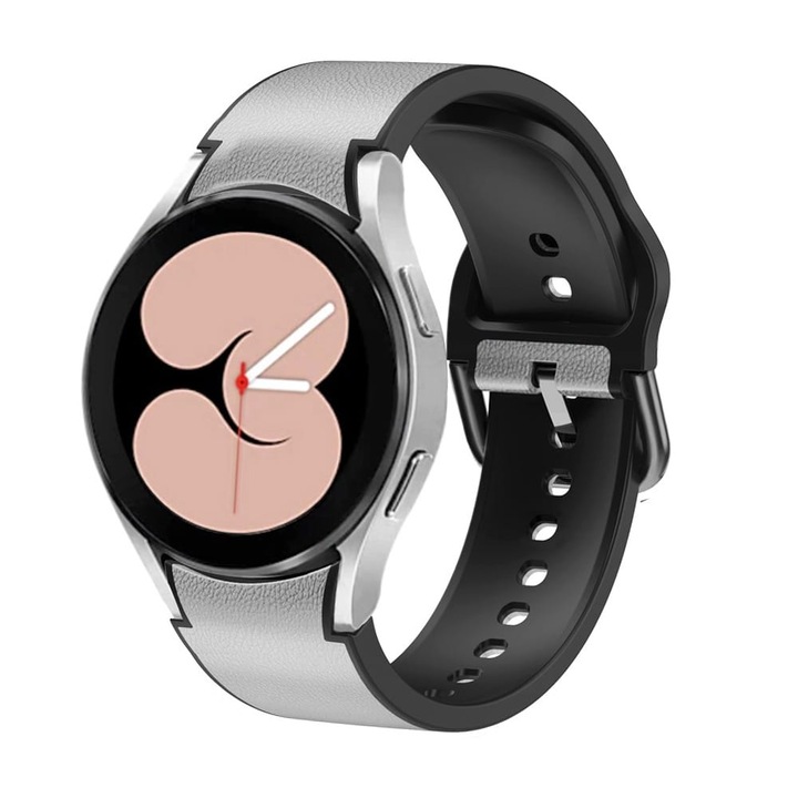 Curea silicon si piele, compatibila cu smartwatch Samsung Galaxy Watch 4/5/5 PRO, dimensiuni ecran 40,42,44,45,46mm, alb