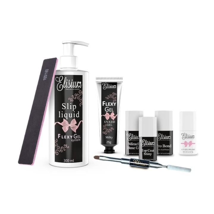 Kit manichiura FlexyGel Maxi Starter, Elisium, Perie inclusa, Negru