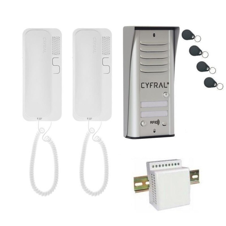 Interfon cu doua familii + 4 cartele Cyfral, Argintiu
