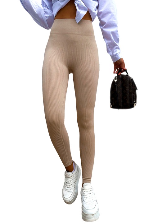 Фитнес чорапогащник Slim Vibes, подсилен външен вид, тетра и широка лента на талията с оформящ ефект, Кремав, размер S