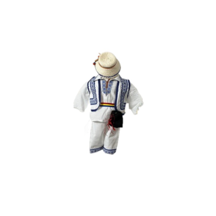 Costum popular baieti, culoare alb/albastru, 5 piese, 9-12 luni, 74-80 CM