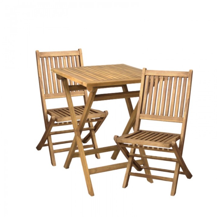 Set balcon din lemn masiv de tec cu finisaj natural RAKI, masa plianta 60x60xh75cm cu 2 scaune pliante 45x63xh92cm