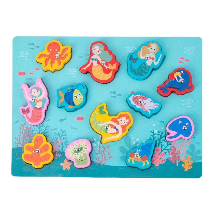 Joc de pescuit magnetic din lemn, snuruit, puzzle incastru si tabla de desenat pe spate, 3 in 1, 3 ani+, SARALMA®