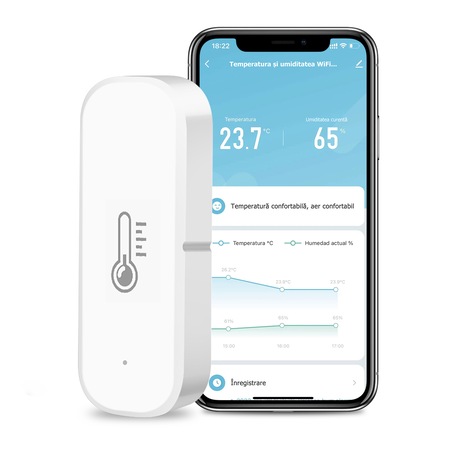 Senzor de Temperatura/Umiditate, SDLOGAL, Inregistrarea datelor pe 30 de zile, Suporta telecomanda de aplicatii inteligente wifi si controlul vocal aleax, Compatibil cu Tuya/SmartLife/Alexa/Echo/Google Assistant, Alb